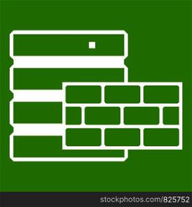Database and brick wall icon white isolated on green background. Vector illustration. Database and brick wall icon green