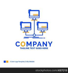 database, distributed, connection, network, computer Blue Yellow Business Logo template. Creative Design Template Place for Tagline.