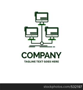 database, distributed, connection, network, computer Flat Business Logo template. Creative Green Brand Name Design.