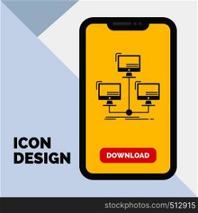 database, distributed, connection, network, computer Glyph Icon in Mobile for Download Page. Yellow Background. Vector EPS10 Abstract Template background