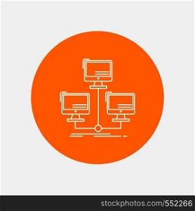 database, distributed, connection, network, computer White Line Icon in Circle background. vector icon illustration. Vector EPS10 Abstract Template background