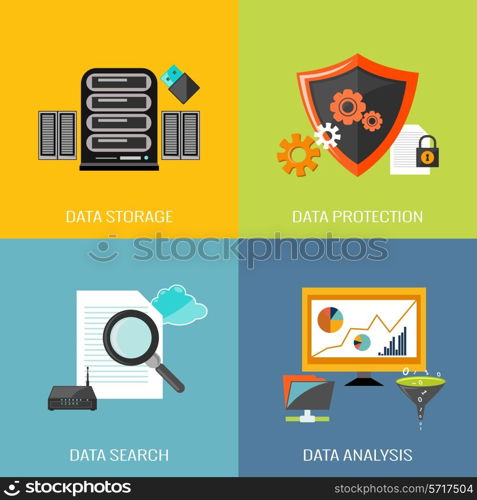 Database icons flat set with data storage protection search analysis isolated vector illustration