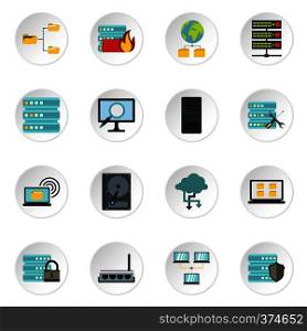 Database icons set. Flat illustration of 16 database vector icons for web. Database icons set, flat style