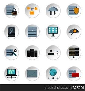 Database icons set. Flat illustration of 16 database vector icons for web. Database icons set, flat style