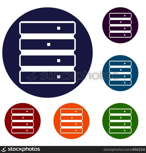 Database icons set in flat circle reb, blue and green color for web. Database icons set