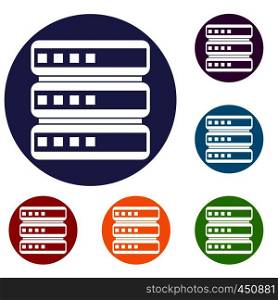 Database icons set in flat circle reb, blue and green color for web. Database icons set