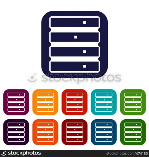 Database icons set vector illustration in flat style In colors red, blue, green and other. Database icons set