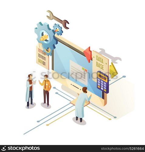 Database Isometric Illustration. Database isometric design with staff and computer equipment for security storage and analysis of information vector illustration
