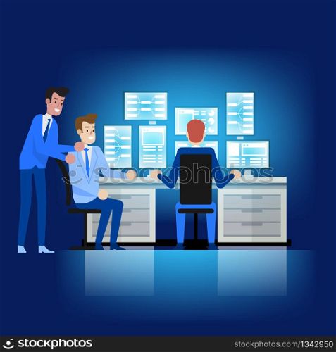 Database Maintenance Admin Service. Desktop Workplace. Professional Software Engineer Working on Configuration, Cloud Synchronize and System Recover. Man Character at Workstation Looking for Data.. Database Maintenance Admin. Desktop Workplace.