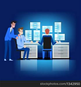 Database Maintenance Admin Service. Desktop Workplace. Professional Software Engineer Working on Configuration, Cloud Synchronize and System Recover. Man Character at Workstation Looking for Data.. Database Maintenance Admin. Desktop Workplace.