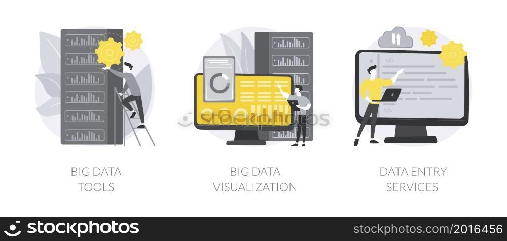 Database management abstract concept vector illustration set. Big data tools and visualization, data entry services, analytics platform, business intelligence, software development abstract metaphor.. Database management abstract concept vector illustrations.