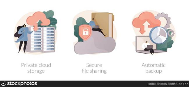 Database security abstract concept vector illustration set. Cloud storage, secure file sharing, automatic backup, file hosting, data recovery and synchronization, external drive abstract metaphor.. Database security abstract concept vector illustrations.