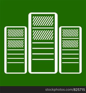 Database servers icon white isolated on green background. Vector illustration. Database servers icon green