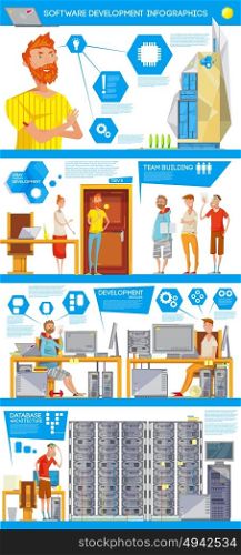 Database Software Development Infographics. Infographic poster with soft engineer flat characters office illustrations team building with memory and maintenance signs vector illustration