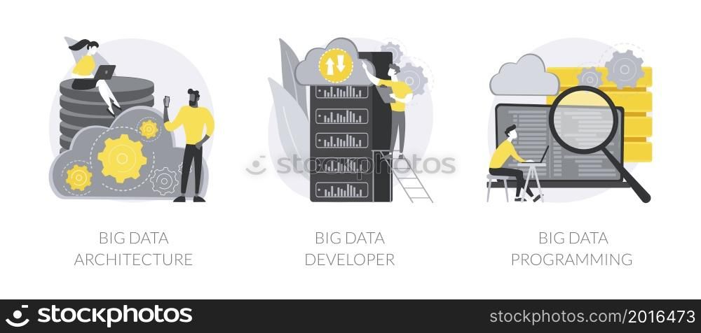 Database storage abstract concept vector illustration set. Big data architecture developer, programming language, data science tools, software development, information visualization abstract metaphor.. Database storage abstract concept vector illustrations.