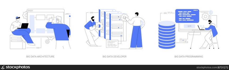 Database storage abstract concept vector illustration set. Big data architecture developer, programming language, data science tools, software development, information visualization abstract metaphor.. Database storage abstract concept vector illustrations.