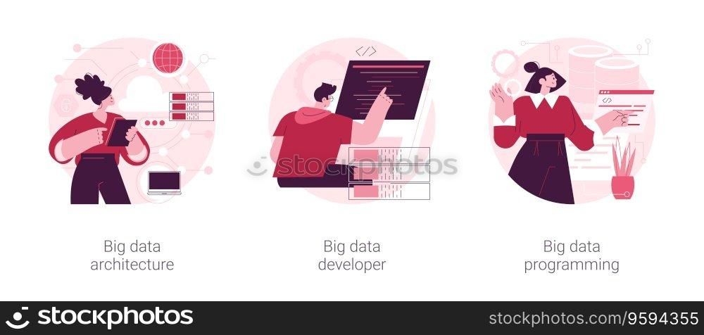 Database storage abstract concept vector illustration set. Big data architecture developer, programming language, data science tools, software development, information visualization abstract metaphor.. Database storage abstract concept vector illustrations.