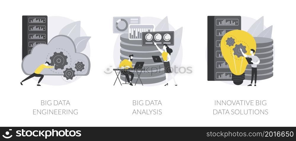 Database technology abstract concept vector illustration set. Big data engineering, automated analytics system, innovative big data solutions, business software, machine learning abstract metaphor.. Database technology abstract concept vector illustrations.