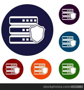 Database with gray shield icons set in flat circle reb, blue and green color for web. Database with gray shield icons set
