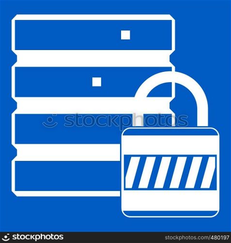 Database with padlock icon white isolated on blue background vector illustration. Database with padlock icon white