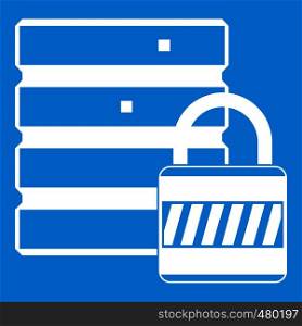 Database with padlock icon white isolated on blue background vector illustration. Database with padlock icon white