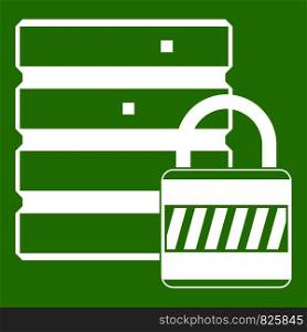 Database with padlock icon white isolated on green background. Vector illustration. Database with padlock icon green