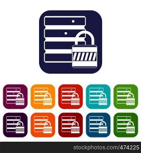 Database with padlock icons set vector illustration in flat style In colors red, blue, green and other. Database with padlock icons set