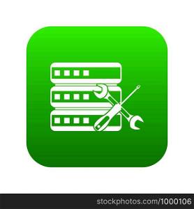 Database with screwdriver and spanner icon digital green for any design isolated on white vector illustration. Database with screwdriver and spanner icon digital green