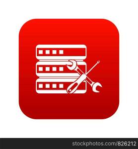 Database with screwdriver and spanner icon digital red for any design isolated on white vector illustration. Database with screwdriver and spanner icon digital red