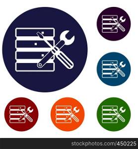 Database with screwdriverl and spanner icons set in flat circle reb, blue and green color for web. Database with screwdriverl and spanner icons set