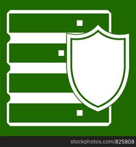 Database with shield icon white isolated on green background. Vector illustration. Database with shield icon green