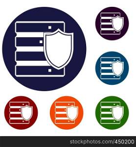 Database with shield icons set in flat circle reb, blue and green color for web. Database with shield icons set