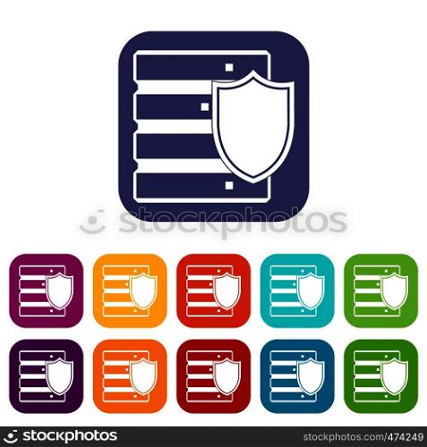 Database with shield icons set vector illustration in flat style In colors red, blue, green and other. Database with shield icons set