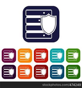 Database with shield icons set vector illustration in flat style In colors red, blue, green and other. Database with shield icons set