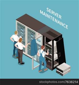 Datacenter colored and isometric composition server maintenance headline and situation at work vector illustration