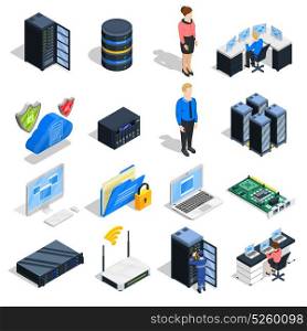Datacenter Elements Icon Set. Datacenter isometric icons collection of sixteen isolated computer and head-end equipment images with human characters vector illustration