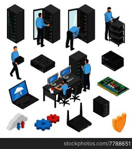 Datacenter equipment isometric set with engineers collecting the server racks isolated vector illustration . Datacenter Equipment Isometric Set