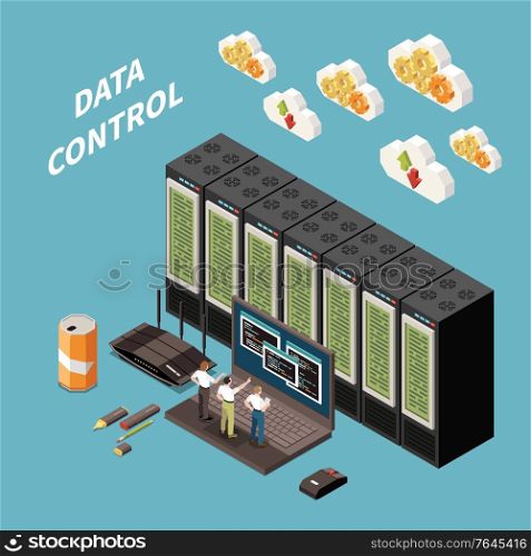 Datacenter isometric colored concept with data control headline and abstract server room vector illustration