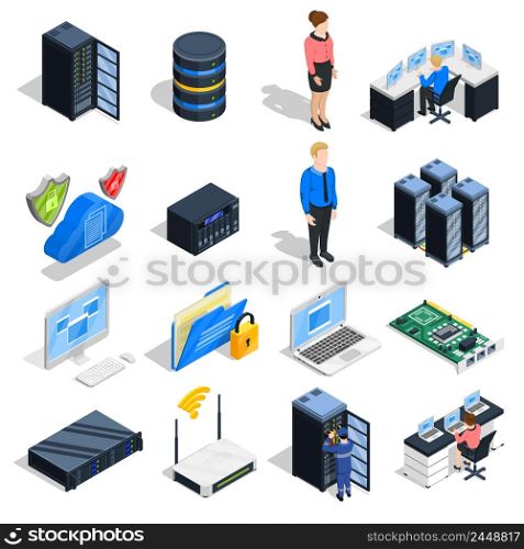 Datacenter isometric icons collection of sixteen isolated computer and head-end equipment images with human characters vector illustration. Datacenter Elements Icon Set