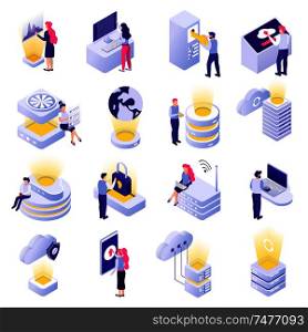 Datacenter isometric icons collection with cloud data storage processing analysis worldwide access security white background vector illustration