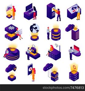 Datacenter isometric icons set with secure cloud storage data access worldwide online safety symbols isolated vector illustration