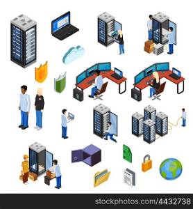 Datacenter Isometric Isolated Icons Set . Datacenter isometric icons set of server hardware data security technical specialists using it technology flat vector illustration