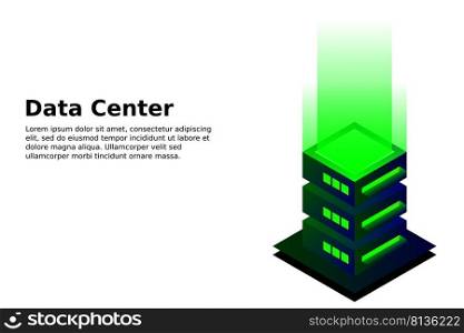 Datacenter isometric vector illustration. Abstract 3d hosting server or data center room background. Network or mainframe infrastructure website header layout. Computer storage or farming workstation.