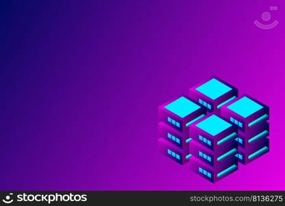 Datacenter isometric vector illustration. Abstract 3d hosting server or data center room background. Network or mainframe infrastructure website header layout. Computer storage or farming workstation.