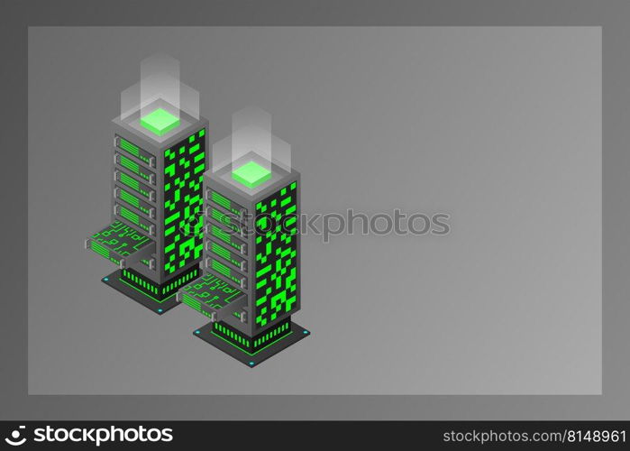 Datacenter isometric vector illustration. Abstract 3d hosting server or data center room background. Network or mainframe infrastructure website header layout. Computer storage or farming workstation.