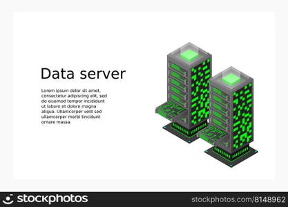 Datacenter isometric vector illustration. Abstract 3d hosting server or data center room background. Network or mainframe infrastructure website header layout. Computer storage or farming workstation.