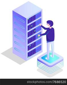 Datacenter isometric, worker character communication with computer, administrator support, diagnostics technology. Wifi connection and business technology, engineer industry, security vector. Administrator Support, Database Symbol, Web Vector