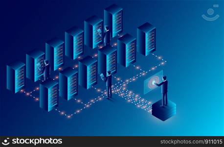 Datacenter server room cloud storage technology and big data processing Protecting data security concept. digital information. isometric. dark neon cartoon vector