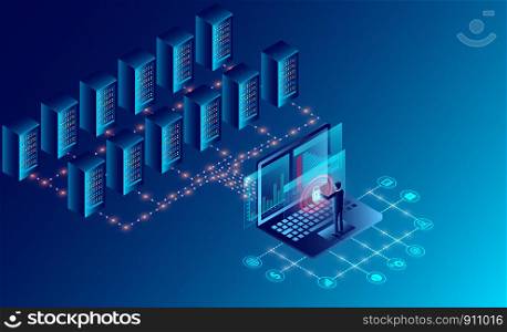Datacenter server room cloud storage technology and big data processing Protecting data security concept. digital information. isometric. dark neon cartoon vector