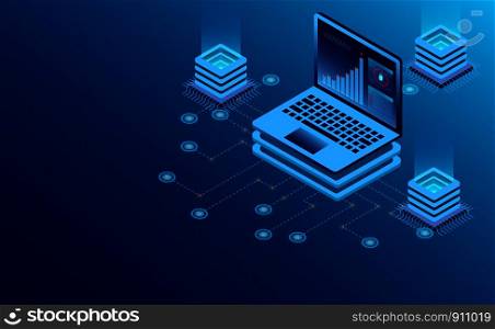 Datacenter server room cloud storage technology and big data processing Protecting data security concept. digital information. isometric. dark neon vector